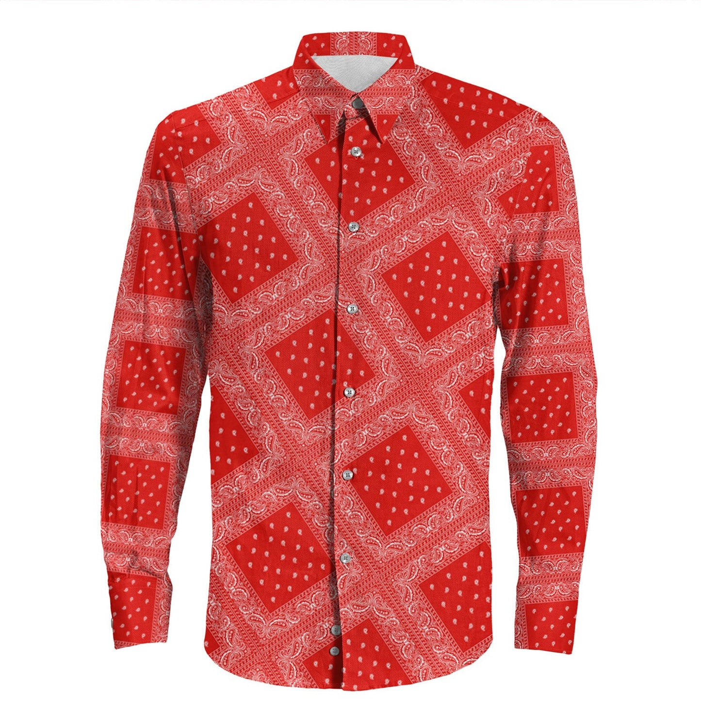 Shirt Paisley Bandana Pattern Seamless Red Long Sleeve Button Shirt