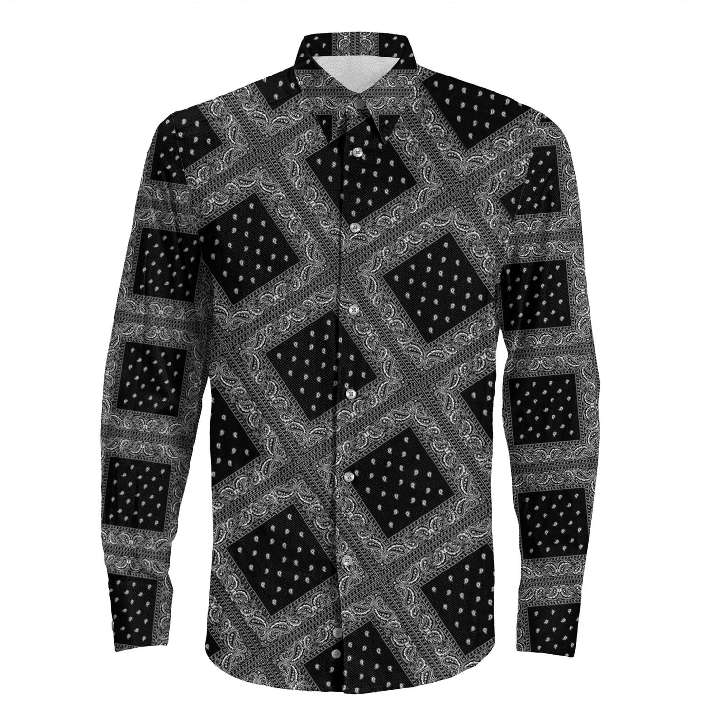 Shirt Paisley Bandana Pattern Seamless Black Long Sleeve Button Shirt