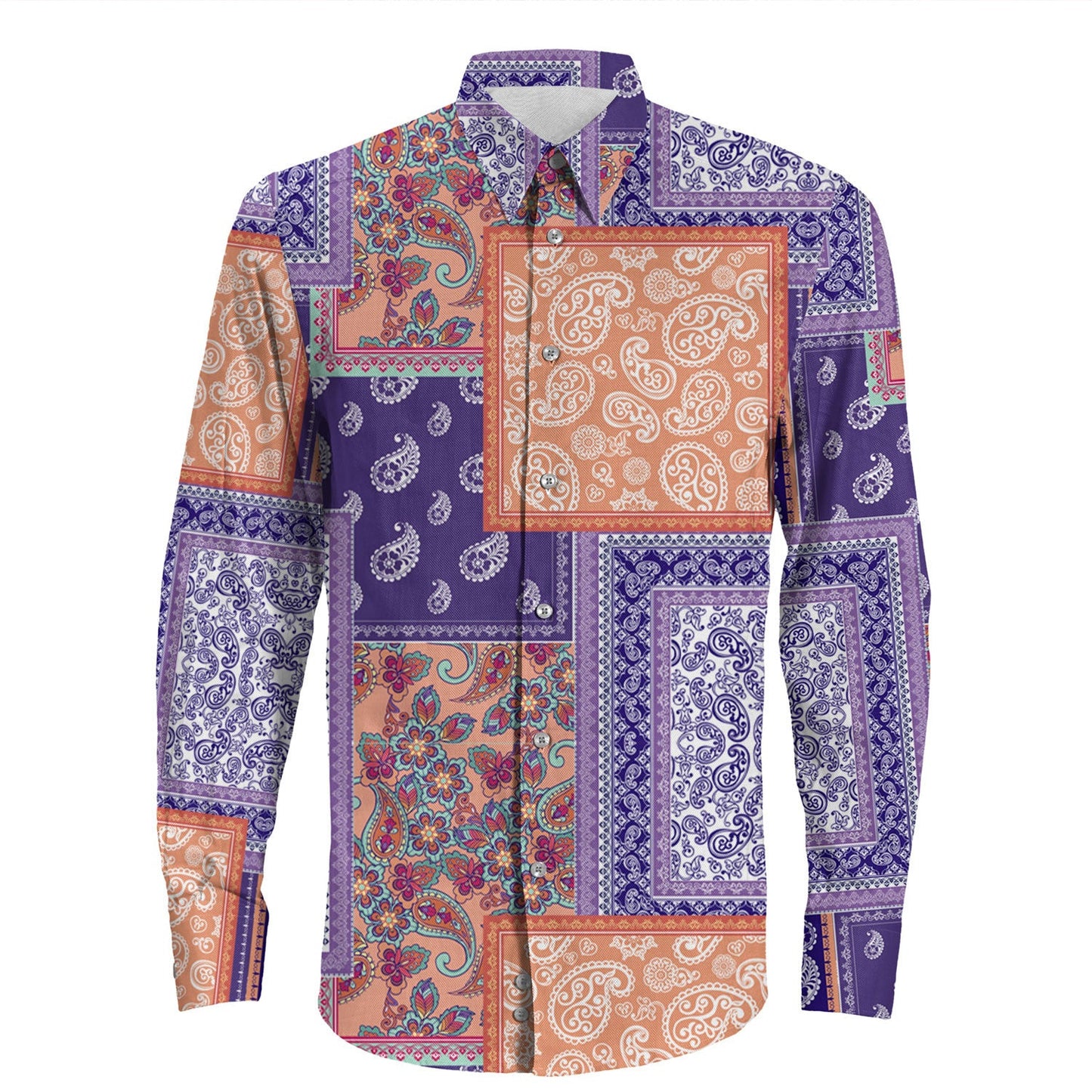 Shirt Paisley Bandana Pattern Seamless Long Sleeve Button Shirt