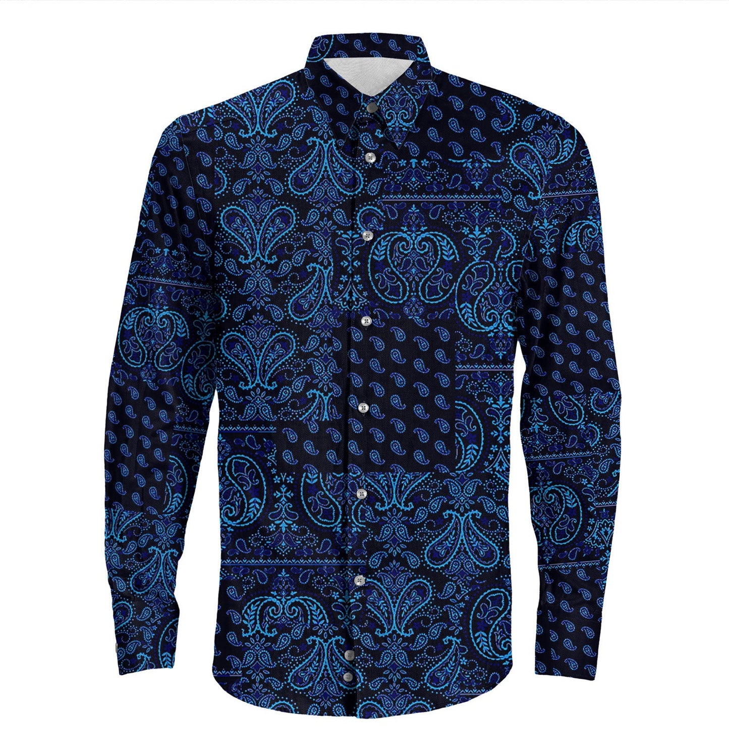 Shirt Paisley Bandana Pattern Seamless Blue Long Sleeve Button Shirt