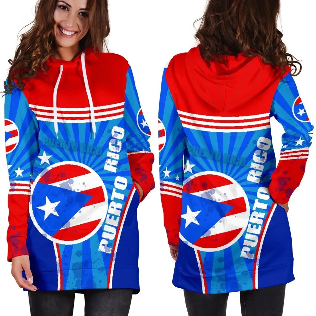 Puerto Rico Women Hoodie Dress Circle Stripes Flag Version