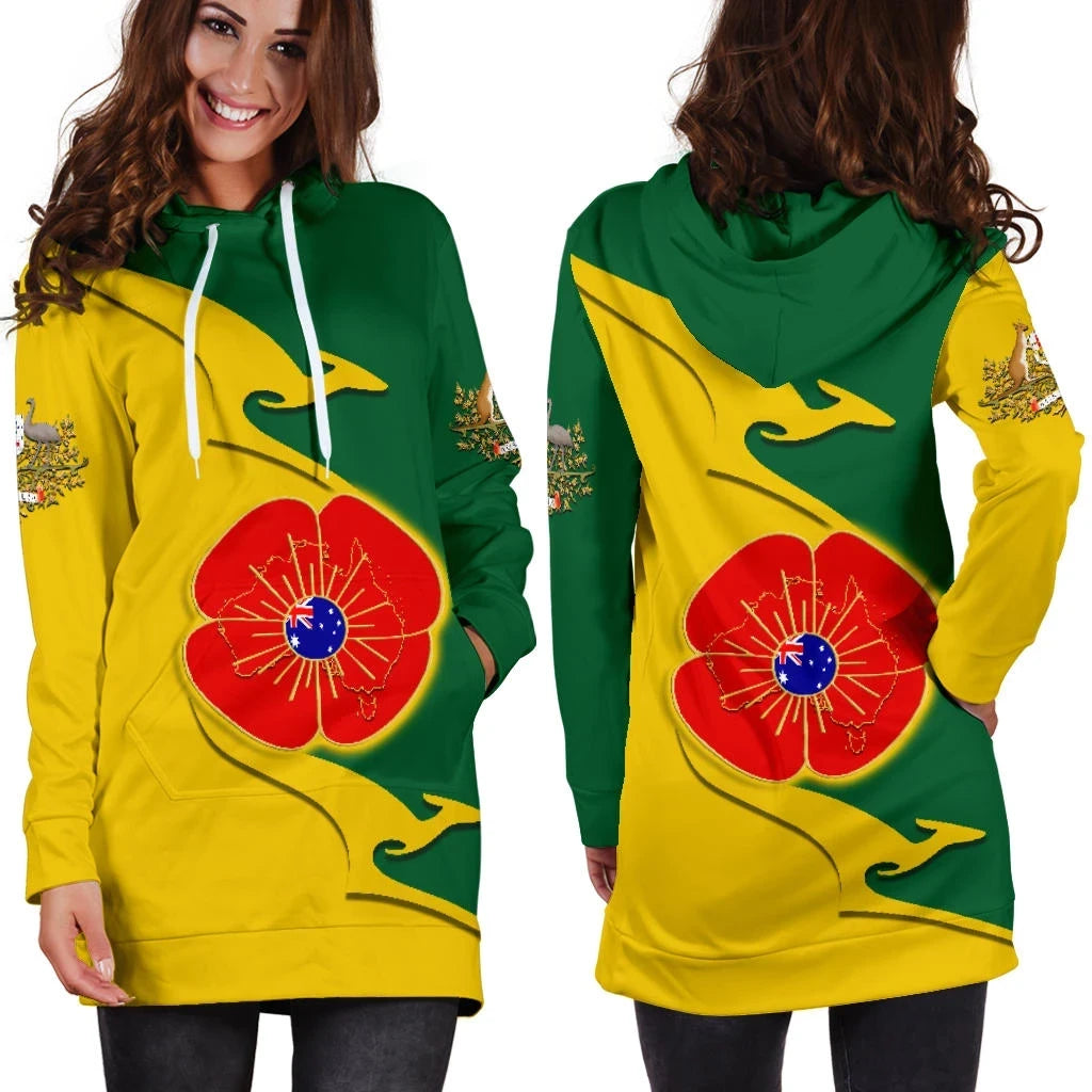 Australia Anzac Hoodie Dress Lest We Forget Poppy Map Kangaroo K4
