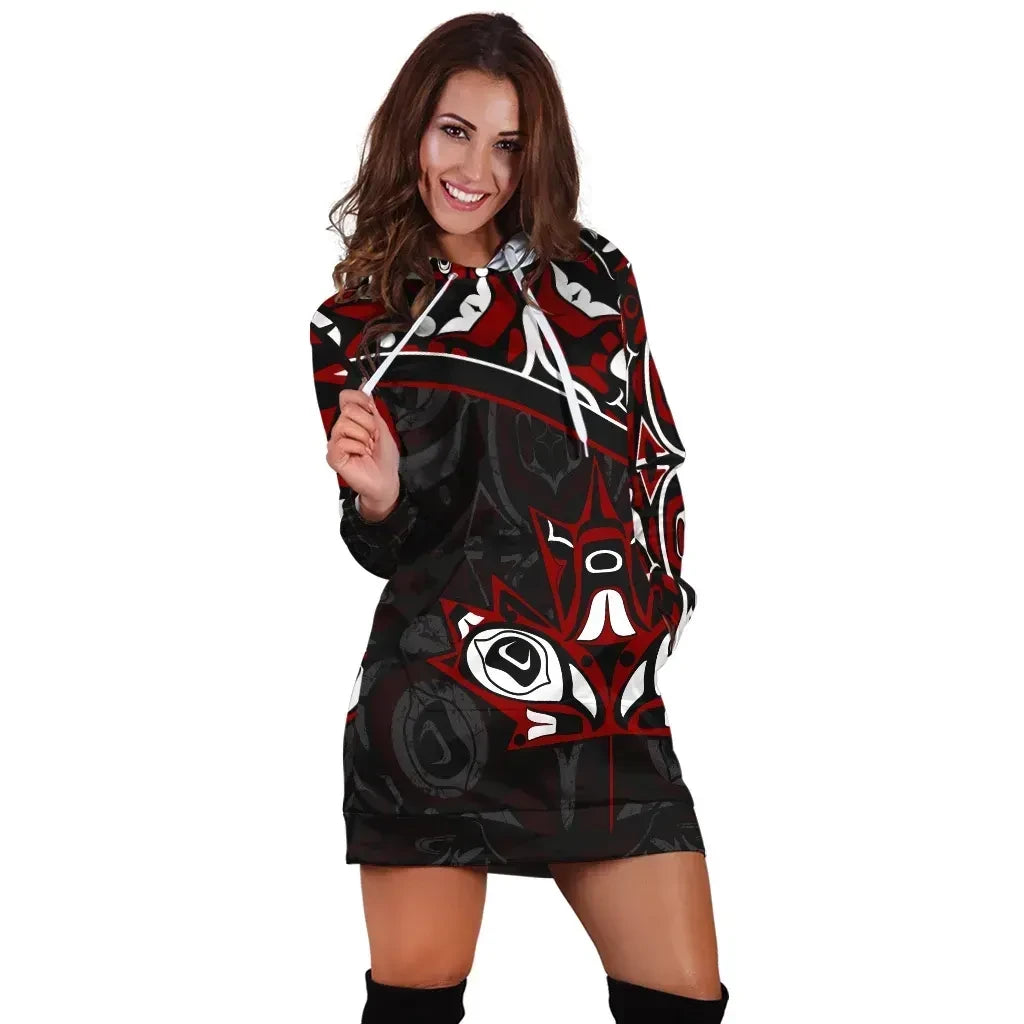Canada Day Hoodie Dresses Haida Maple Leaf Style Tattoo Black