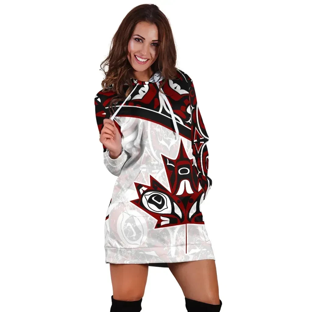 Canada Day Hoodie Dresses Haida Maple Leaf Style Tattoo White