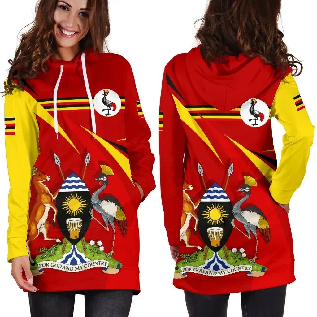 Uganda Women's Hoodie Dress, Uganda Swirly Flag Coat Of Arms