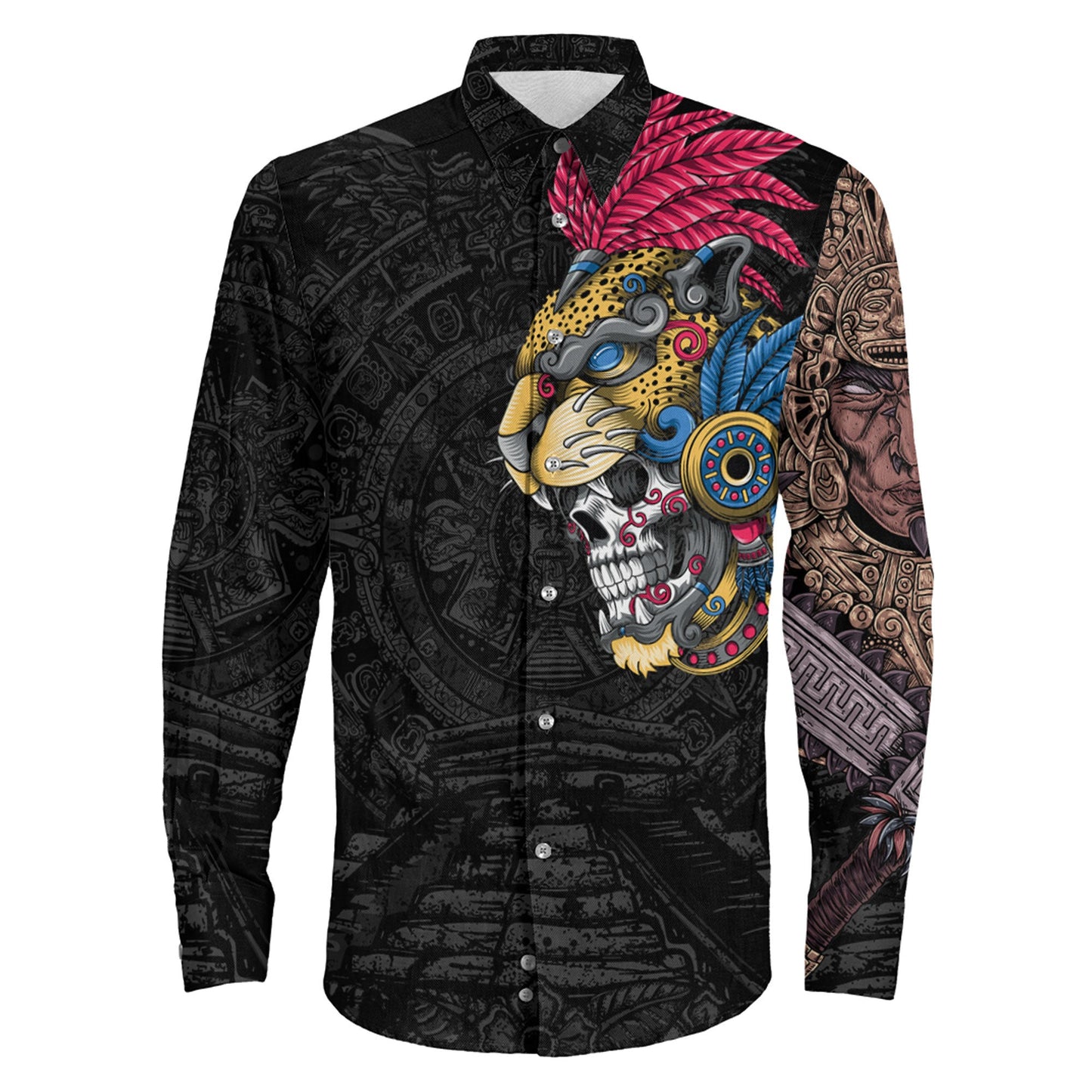 Clothing Mexico Jaguar Aztec Skull Warrior Long Sleeve Button Shirt