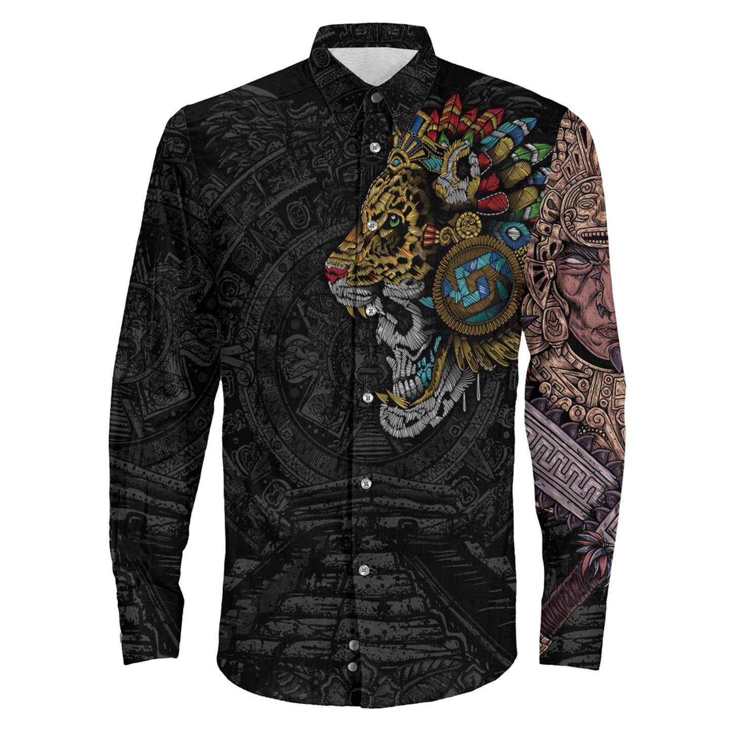 Clothing Mexico Skull Jaguar Warrior Aztec Long Sleeve Button Shirt