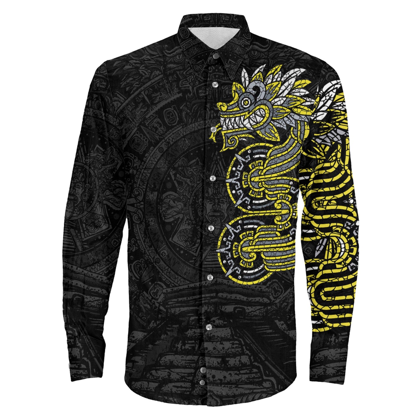 Clothing Mexico Quetzalcoatl Mexican God Aztec Gold Version Long Sleeve Button Shirt