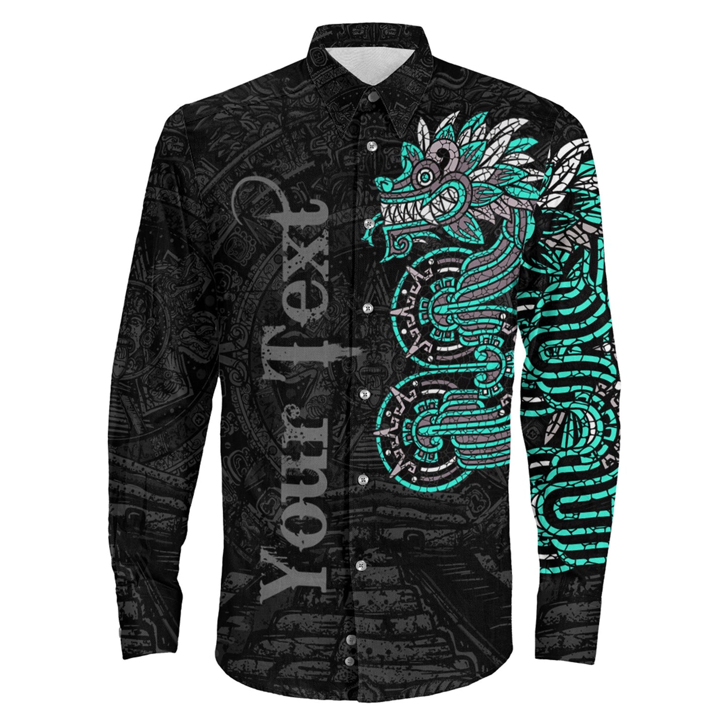 Clothing Custom Mexico Quetzalcoatl Mexican God Aztec Cyan Version Long Sleeve Button Shirt