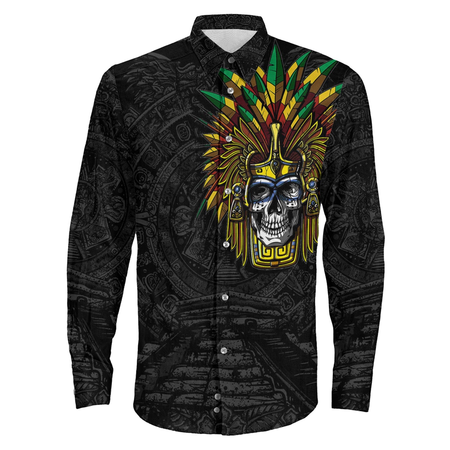 Clothing Aztec Warrior Skull Mask Long Sleeve Button Shirt