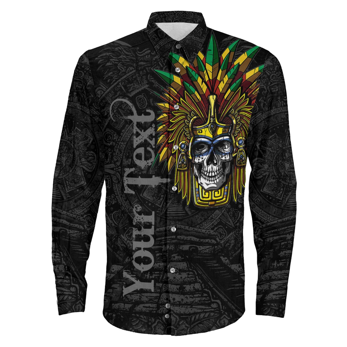 Clothing Custom Aztec Warrior Skull Mask Long Sleeve Button Shirt