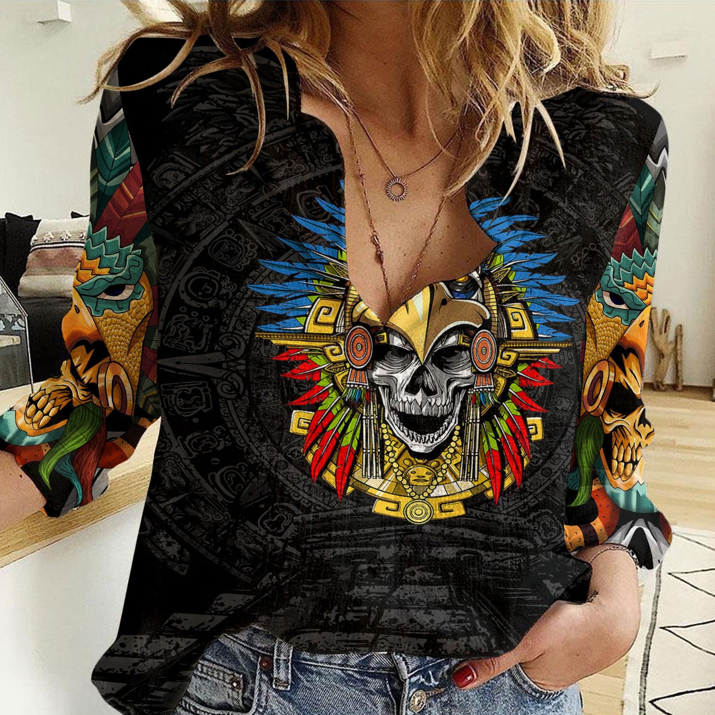 Clothing Aztec Eagle Skull Mask Women Casual Shirt