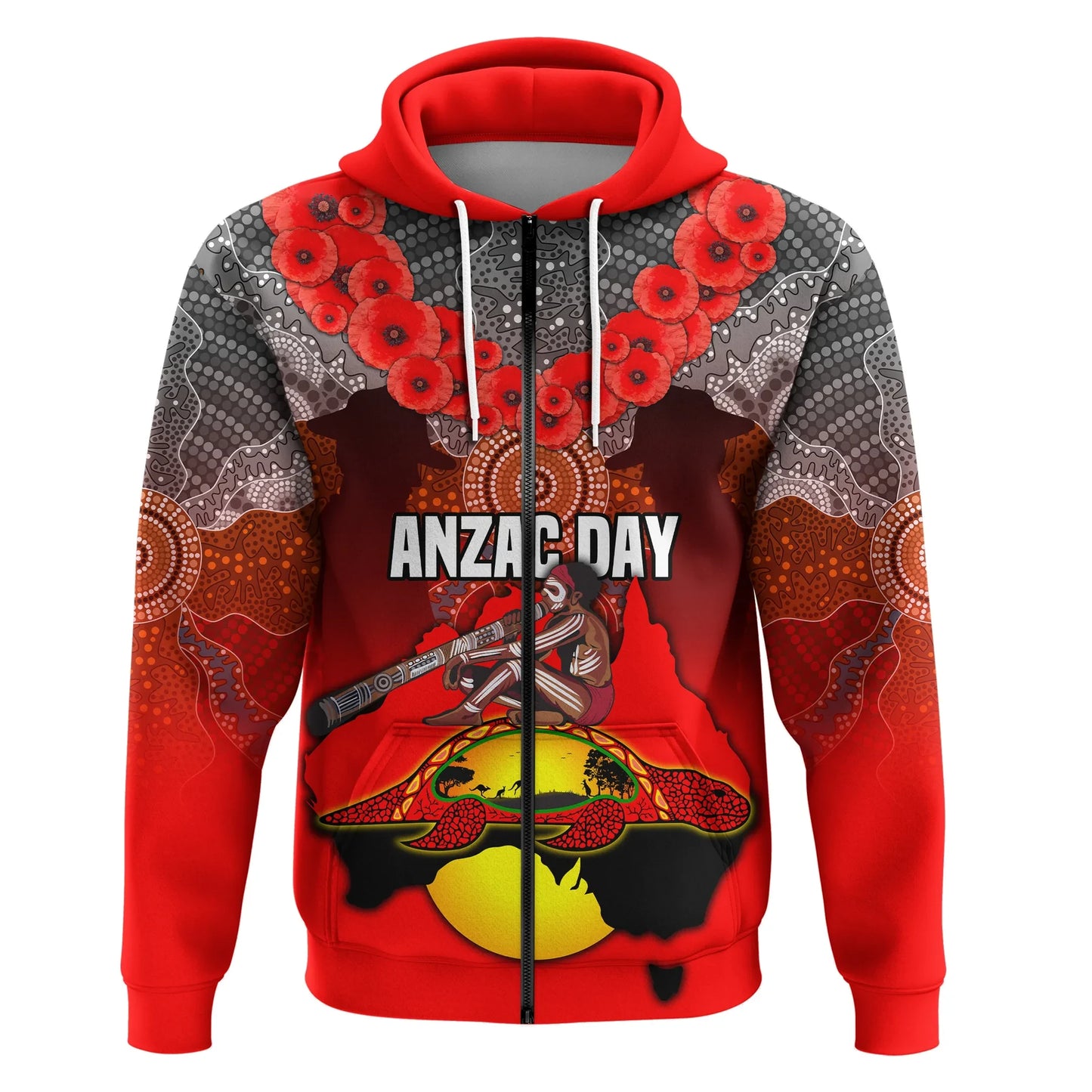 Custom Personalised Australian Anzac Day Zip Hoodie Indigenous Flag Style