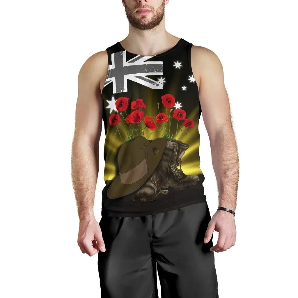 Australia Anzac Day Men's Tank Top Lest We Forget Hat And Boots Poppies
