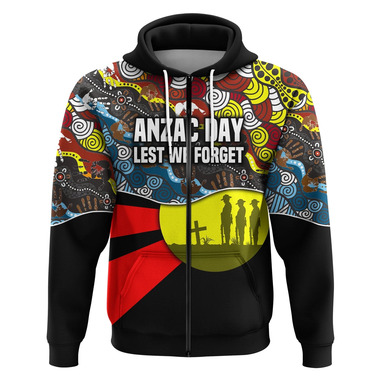 Custom Personalised Australian Anzac Day Zip Hoodie Aboriginal Sun Style