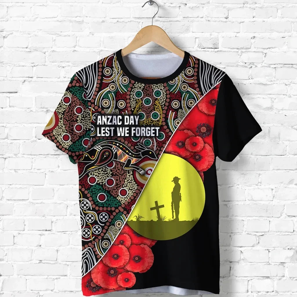 Custom Personalised Australian Anzac Day T Shirt Aboriginal Flag Style
