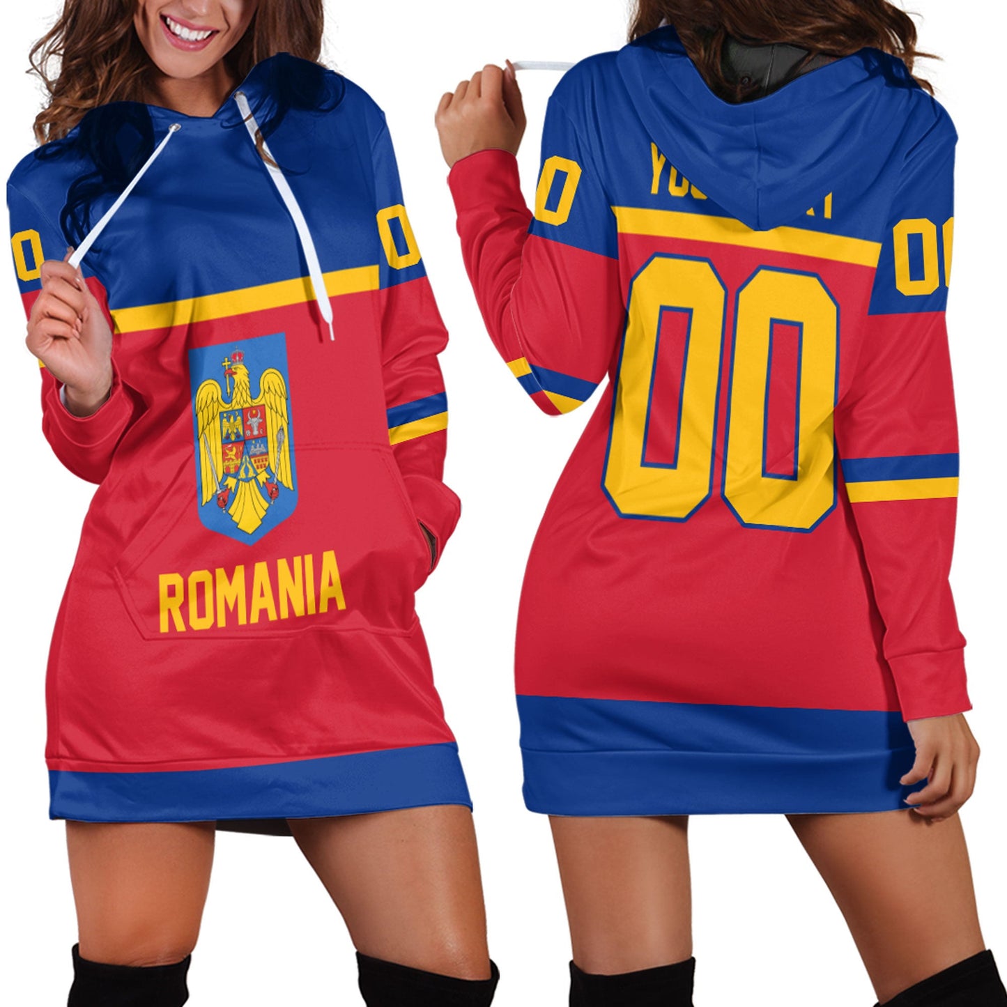 Clothing Custom Romania Classic Hockey Jersey Style Hoodie Dress