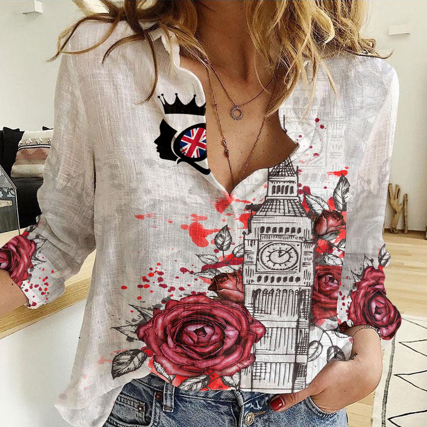 Clothing Queen Of England With Rose Women Casual Shirt