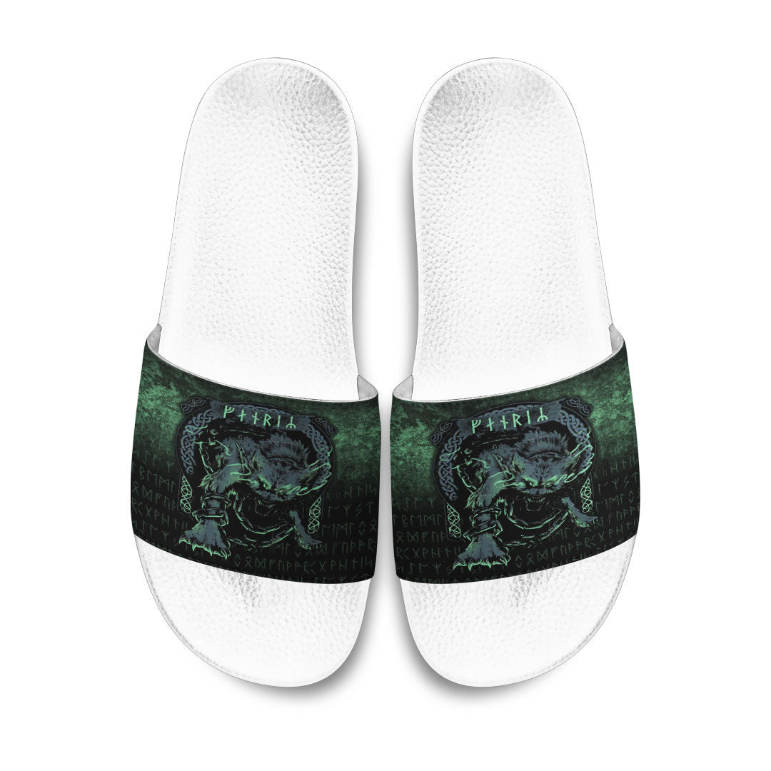 Slide Sandals Fenrir Wolf Norse Futhark Runes Viking Mythology Ragnarok Green Slide Sandals