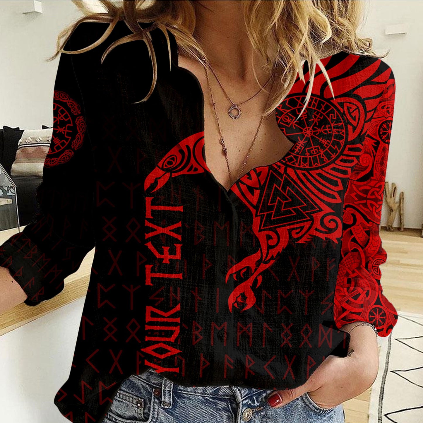 Clothing Custom Viking The Raven Of Odin Special Tattoo Red Version Women Casual Shirt