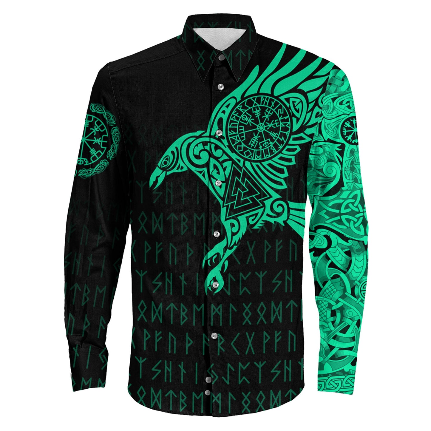 Clothing Viking The Raven Of Odin Special Tattoo Green Cyan Version Long Sleeve Button Shirt
