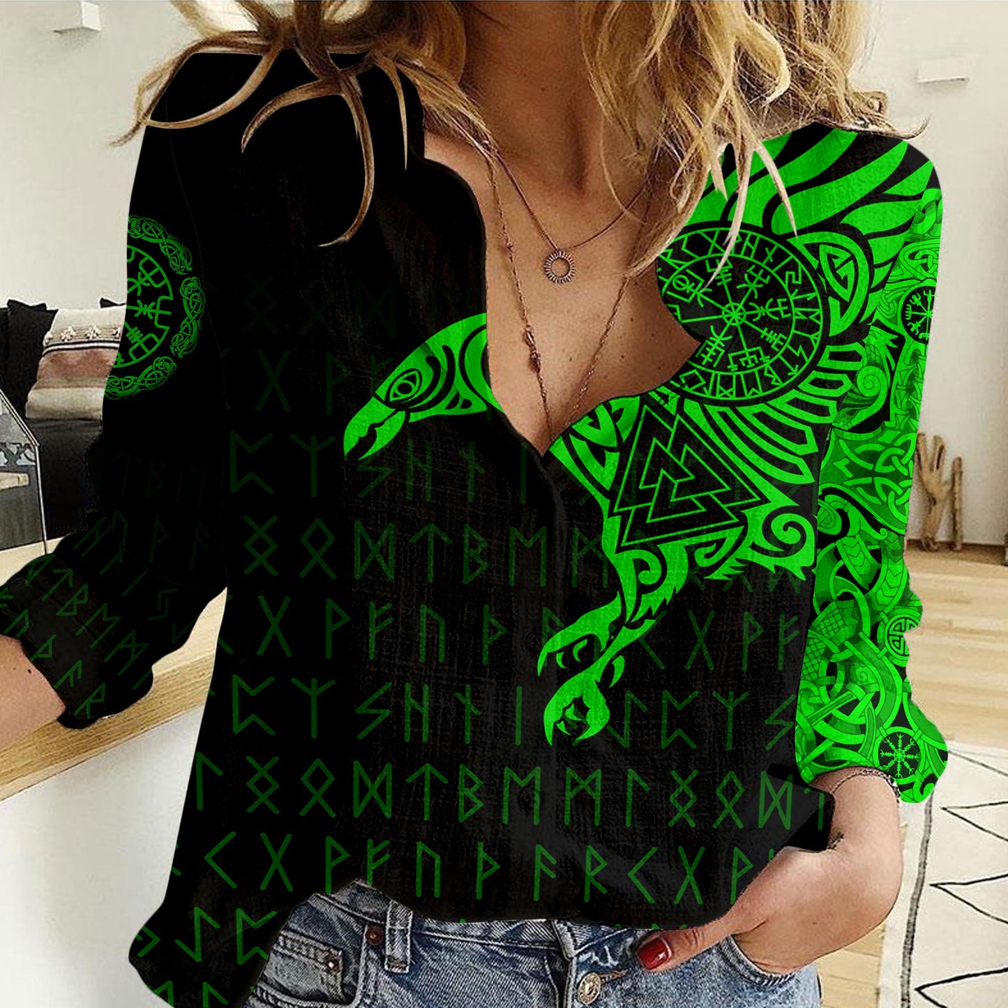 Clothing Viking The Raven Of Odin Special Tattoo Green Version Women Casual Shirt