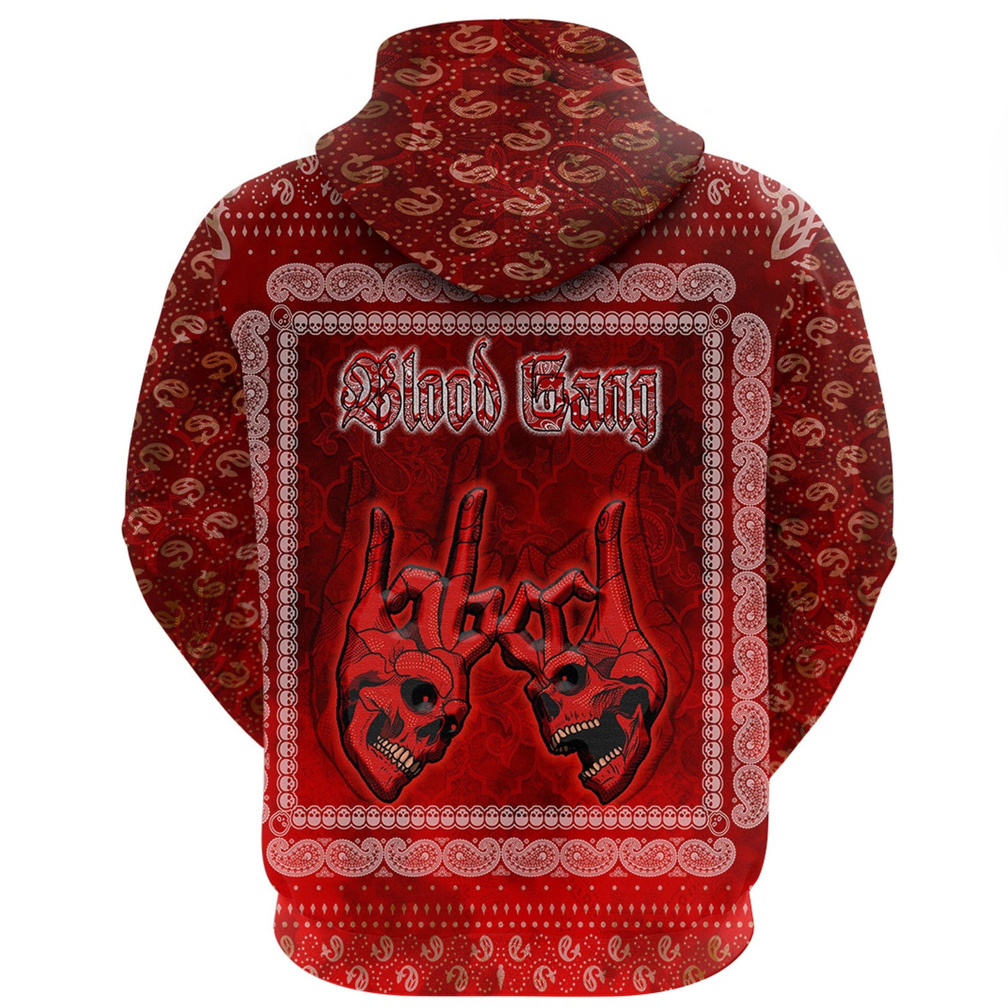 Blood Gang Zip Hoodie Red Skull Gang Bandana Pattern Hoodie