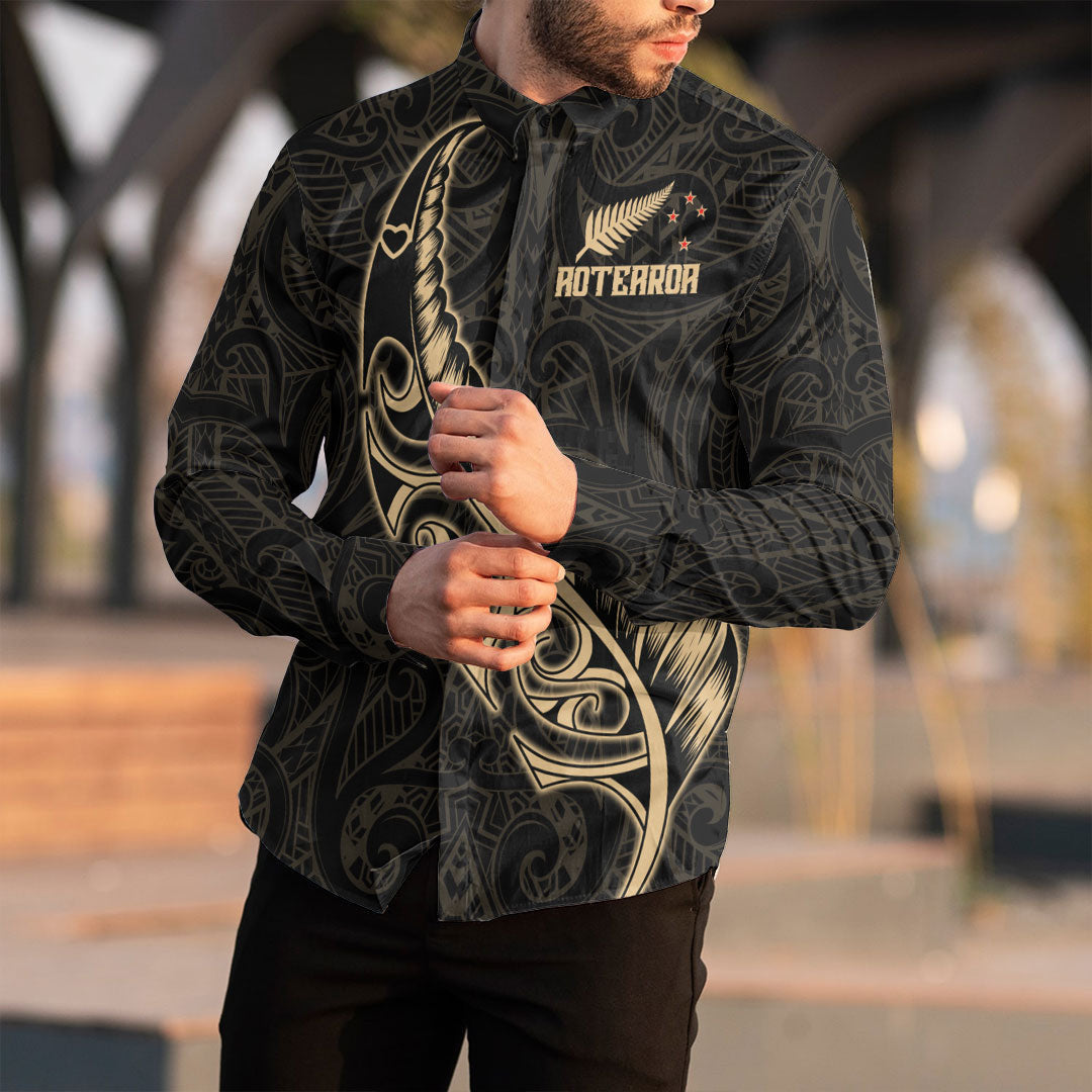 Clothing New Zealand Aotearoa Maori Fern Gold Version Long Sleeve Button Shirt