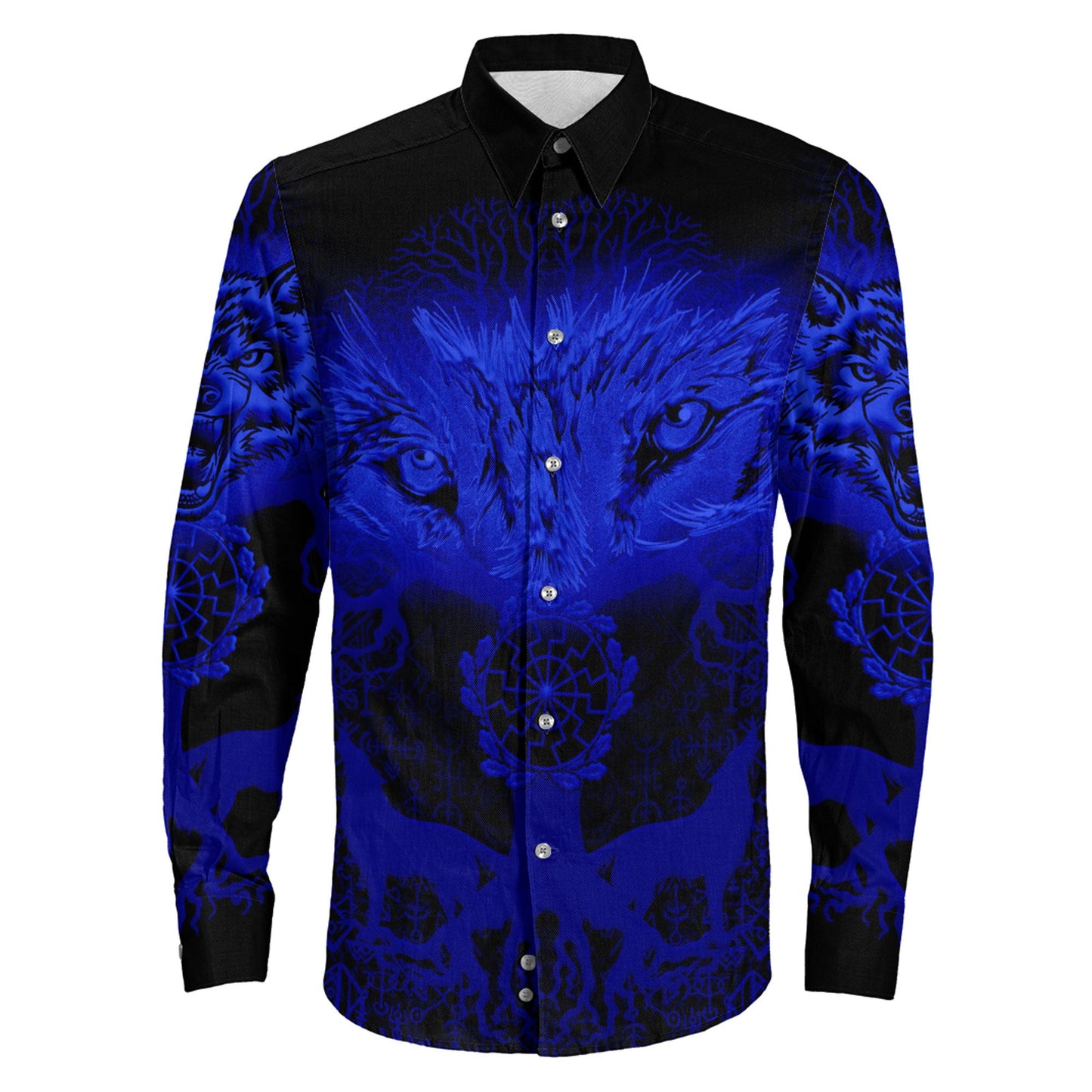 Clothing Wolf And Tree Blue Viking Long Sleeve Button Shirt