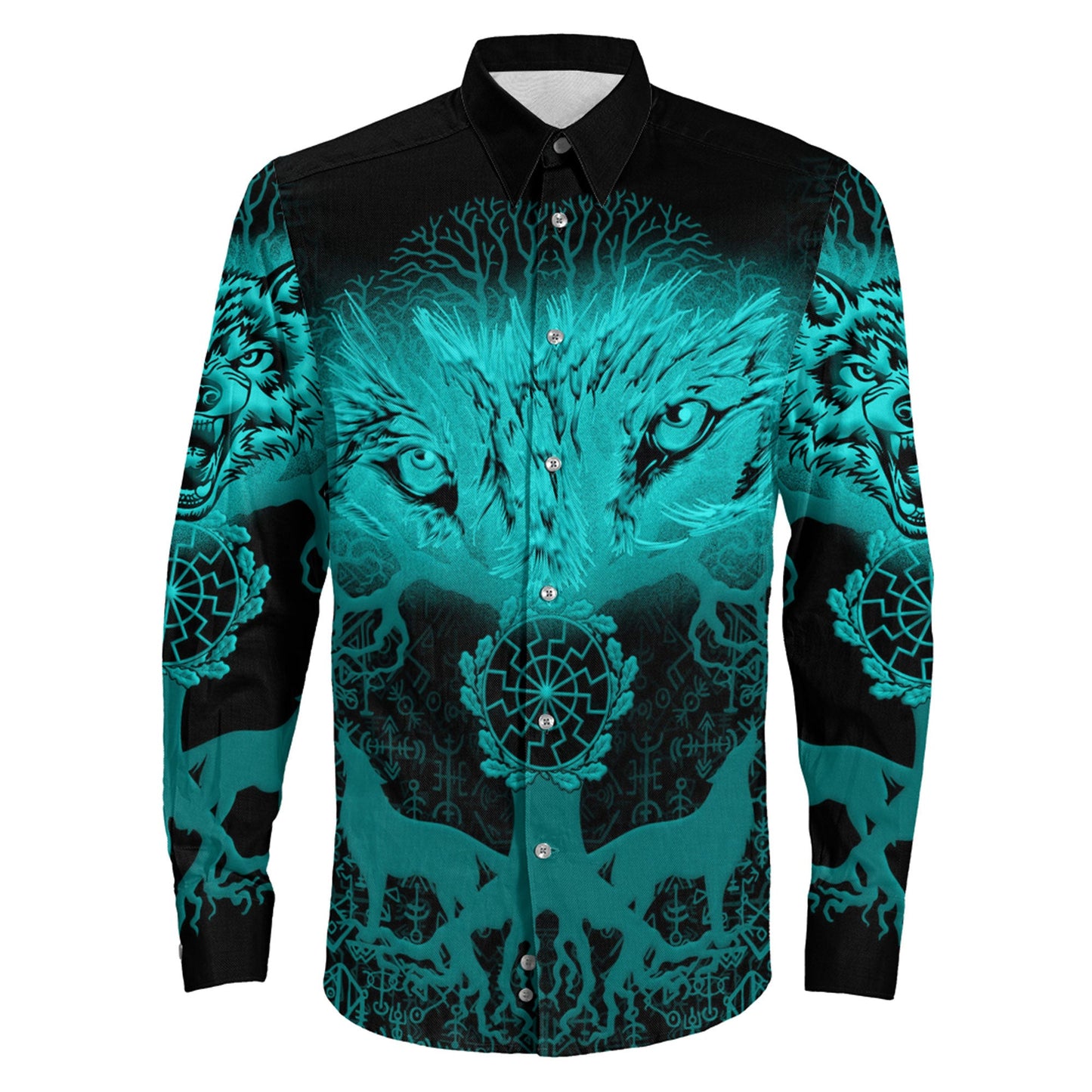 Clothing Wolf And Tree Turquoise Viking Long Sleeve Button Shirt