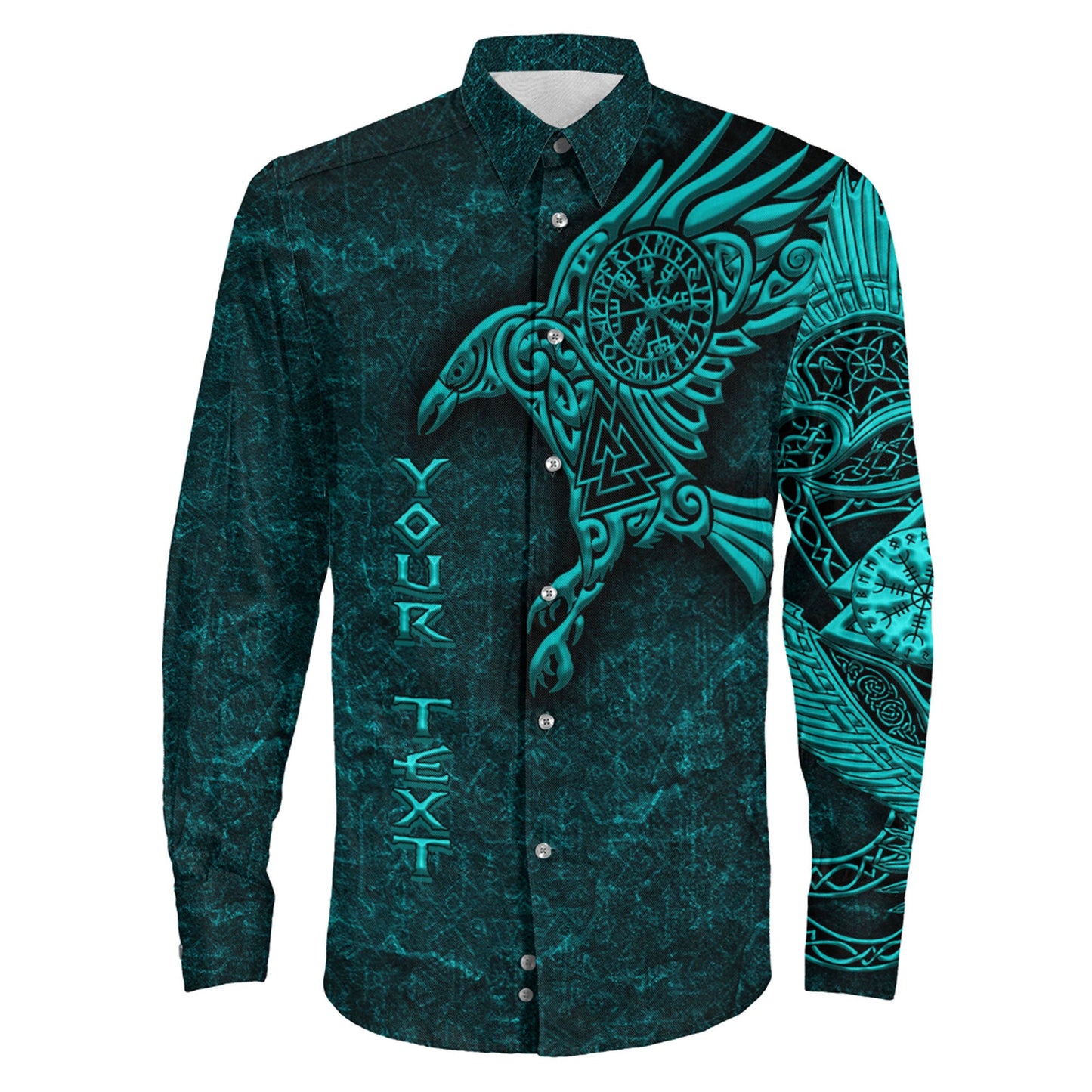 Clothing Raven Vegvisir Turquoise Custom Viking Long Sleeve Button Shirt