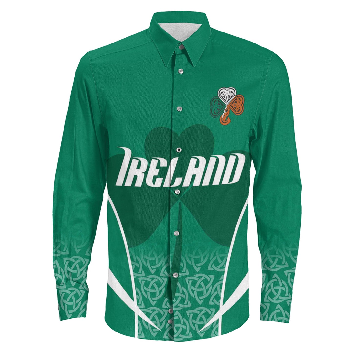 Clothing Ireland Irish Three Leaf Clover Celtic Pattern Long Sleeve Button Shirt