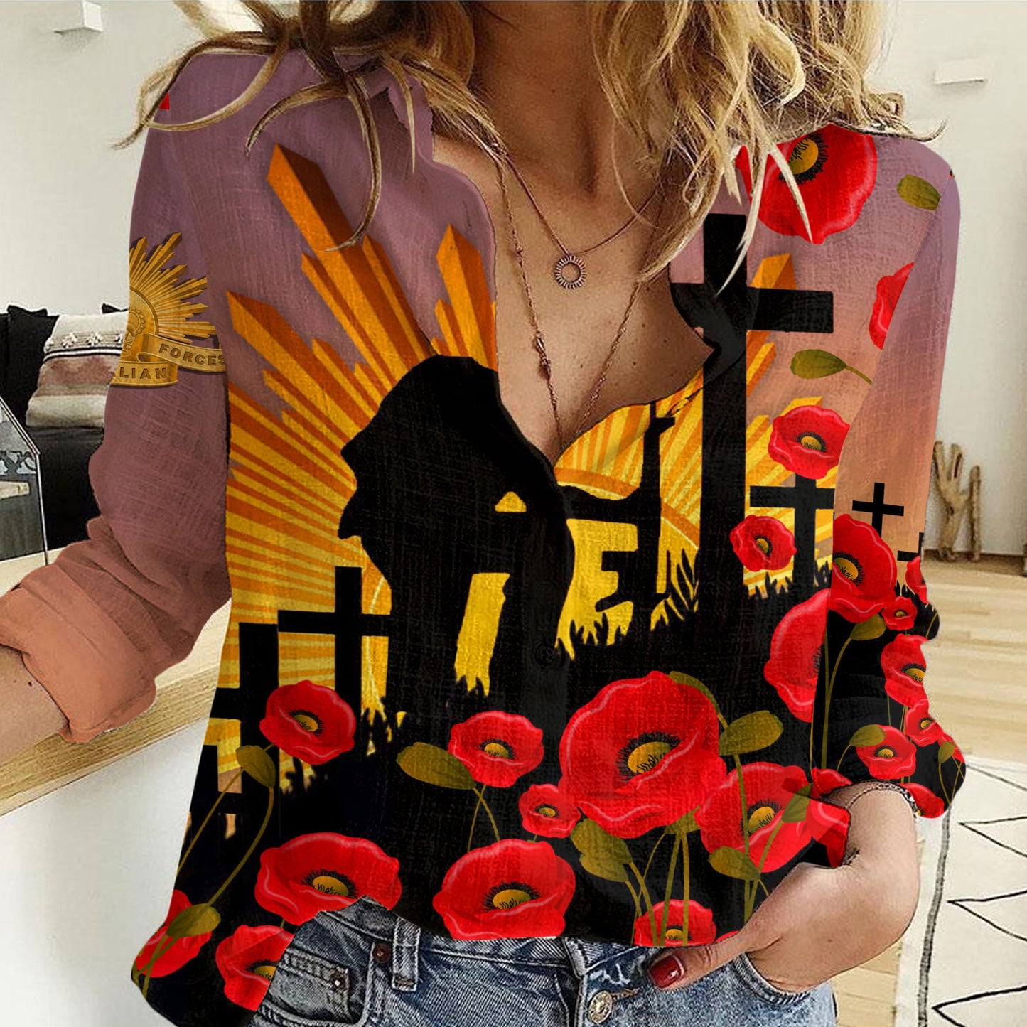 Clothing Anzac Day Poppy Women Casual Shirt
