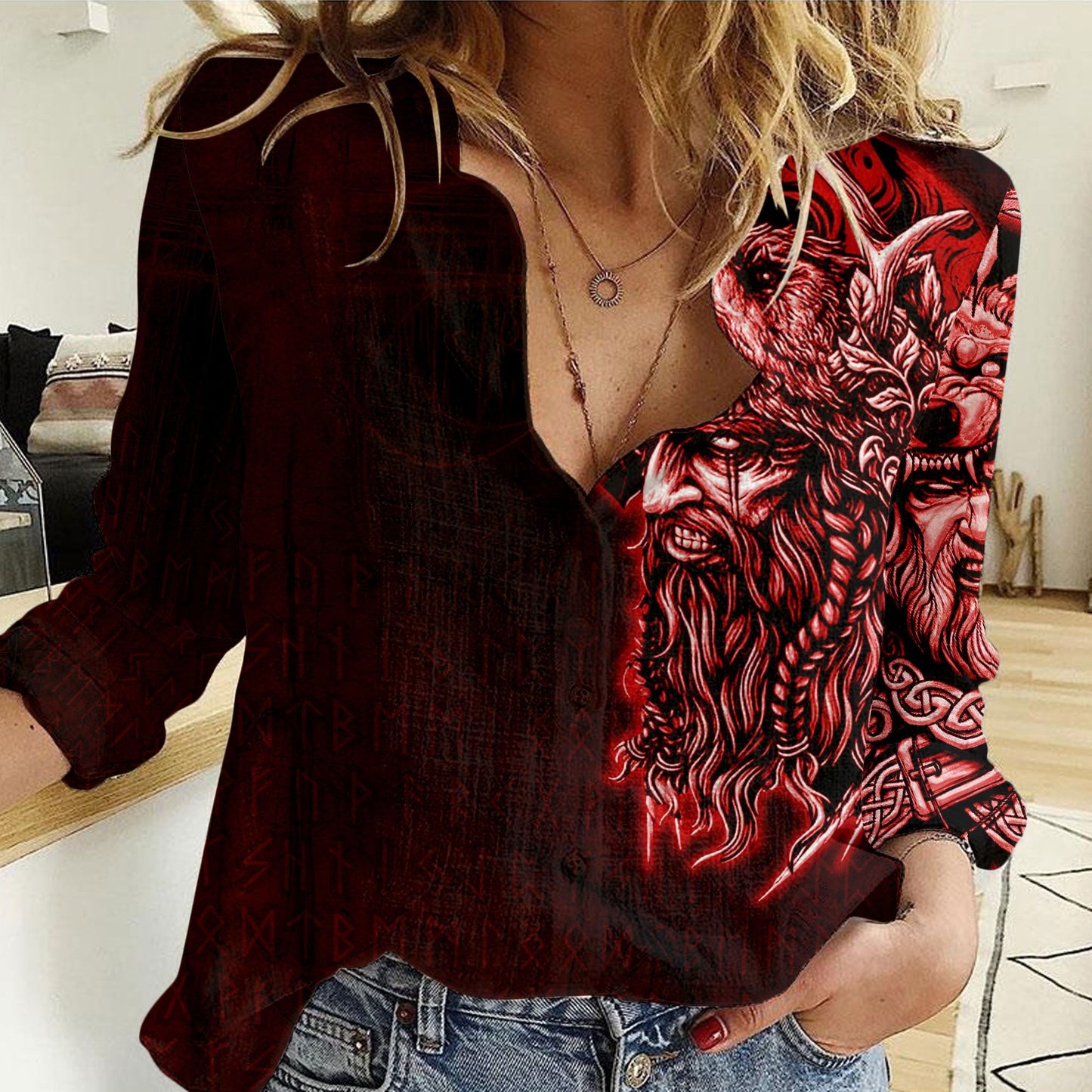 Clothing Odin Circle Red Viking Women Casual Shirt