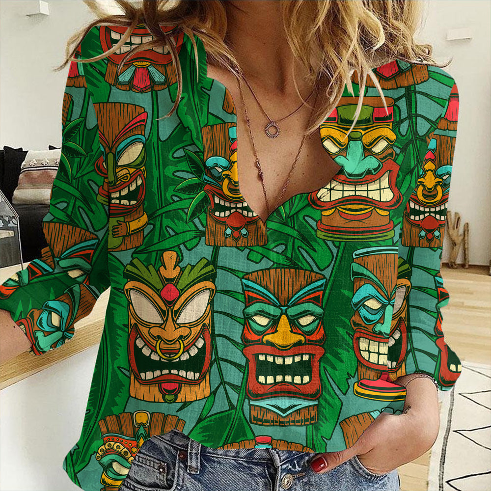 Clothing Seamless Pattern With Tiki Women Casual Shirt