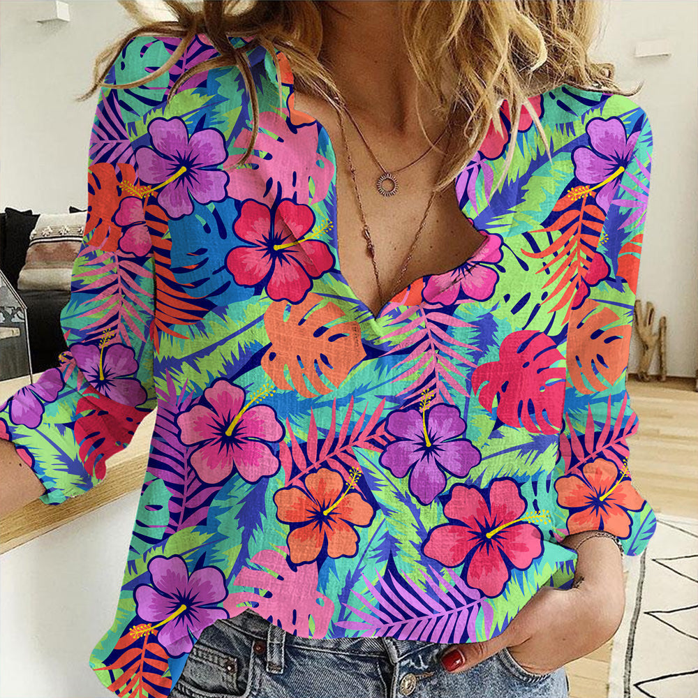 Clothing Colorful Hand Drawn Hibiscus Flower Women Casual Shirt