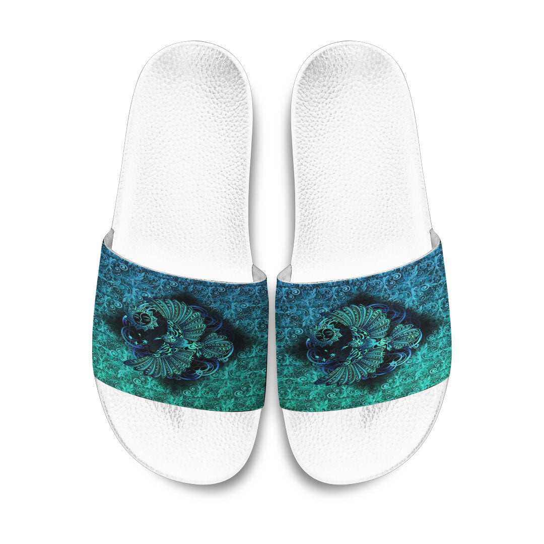 Slide Sandals Odin's Celtic Raven on the Background Yggdrasil Tree Cyan Celtic Tattoo Slide Sandals