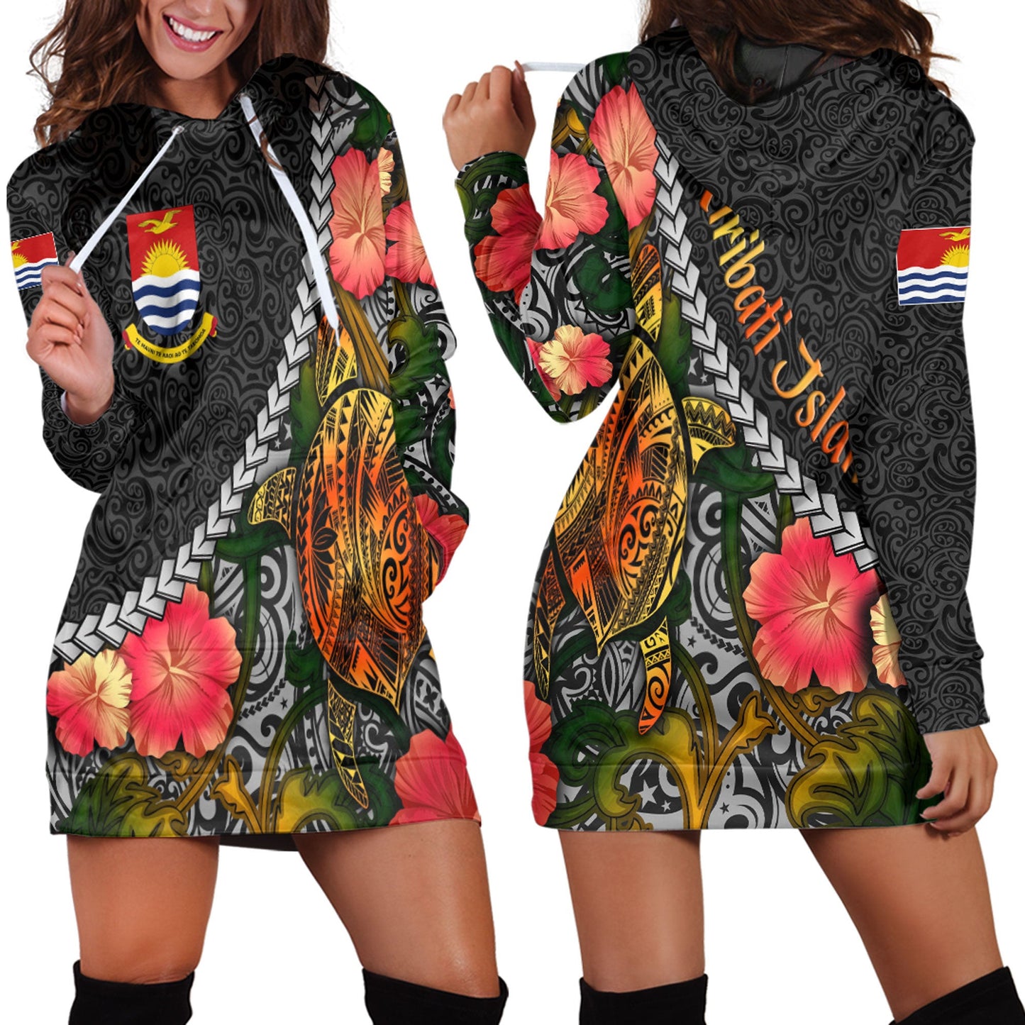 Clothing Kiribati Islands Flower And Turtle Polynesia Hoodie Dress