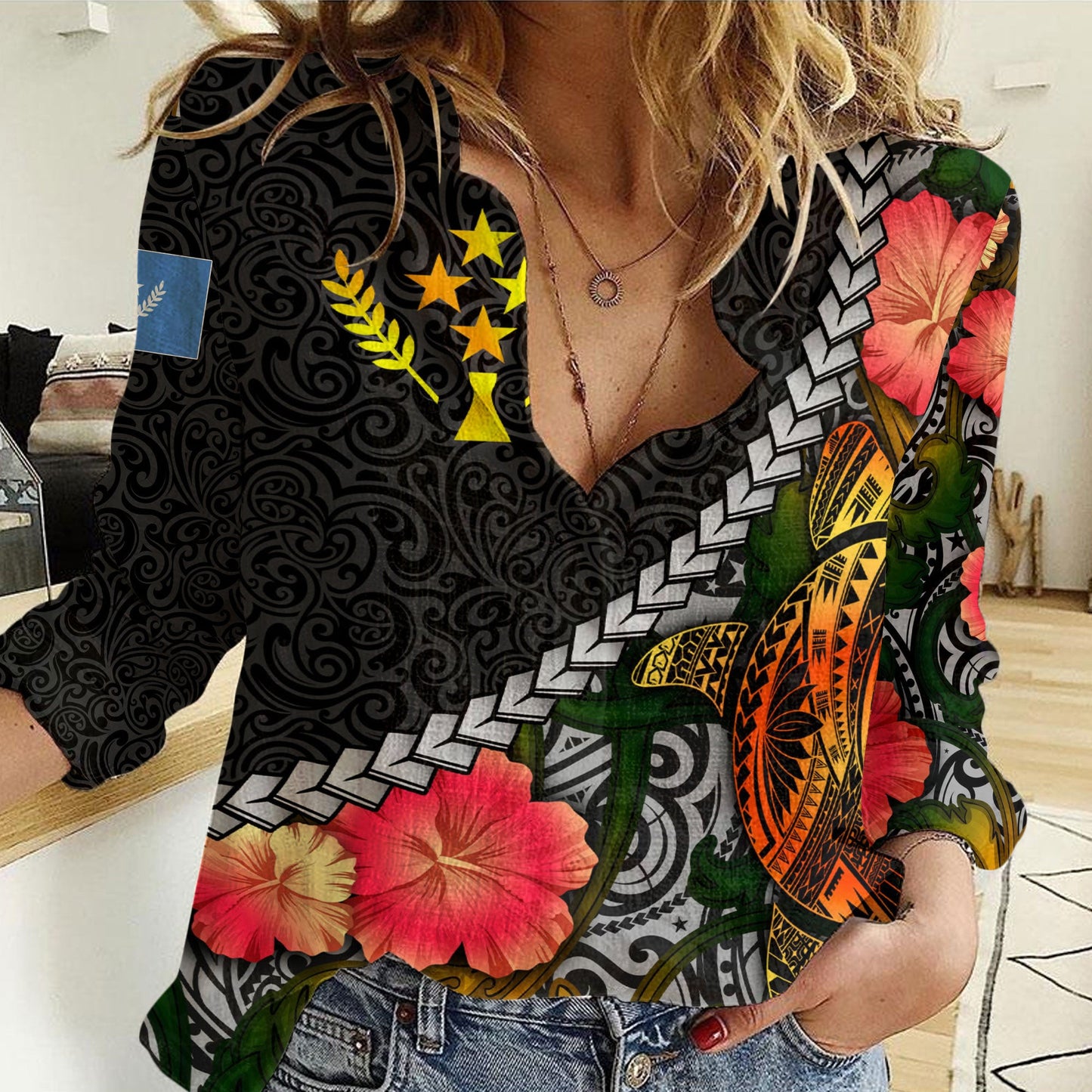 Clothing Kosrae Islands Flower And Turtle Polynesia Women Casual Shirt