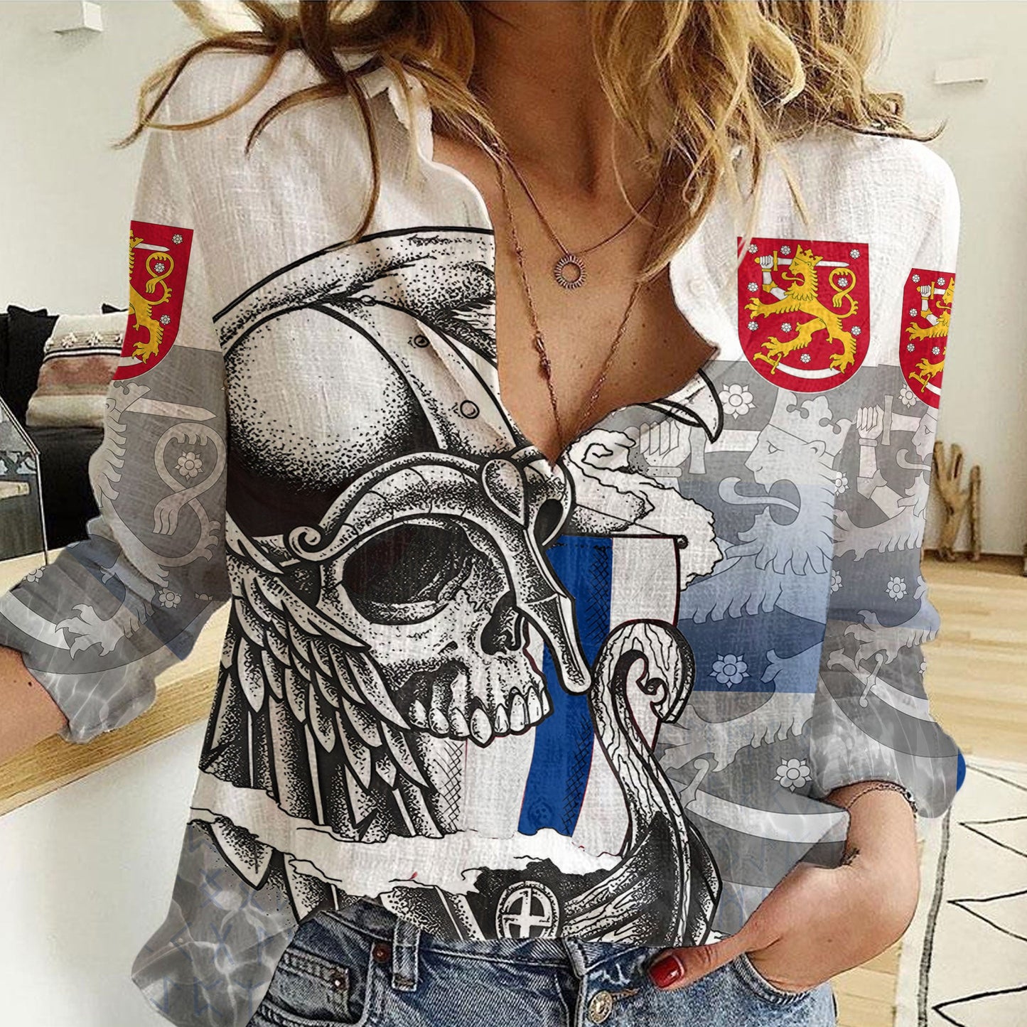 Clothing Finland Raven Drakkar and Skull Women Casual Shirt