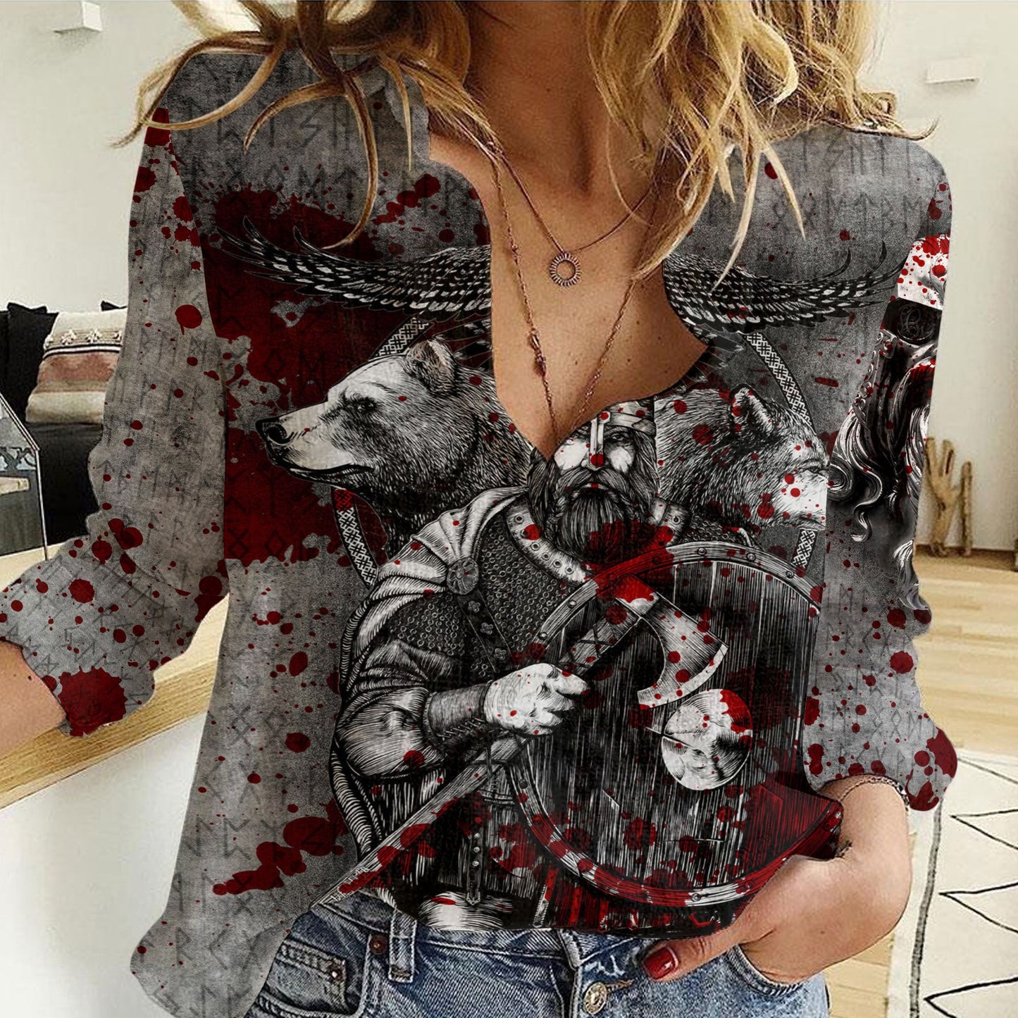 Clothing Viking Odin Bear Raven Wolf Blood Women Casual Shirt