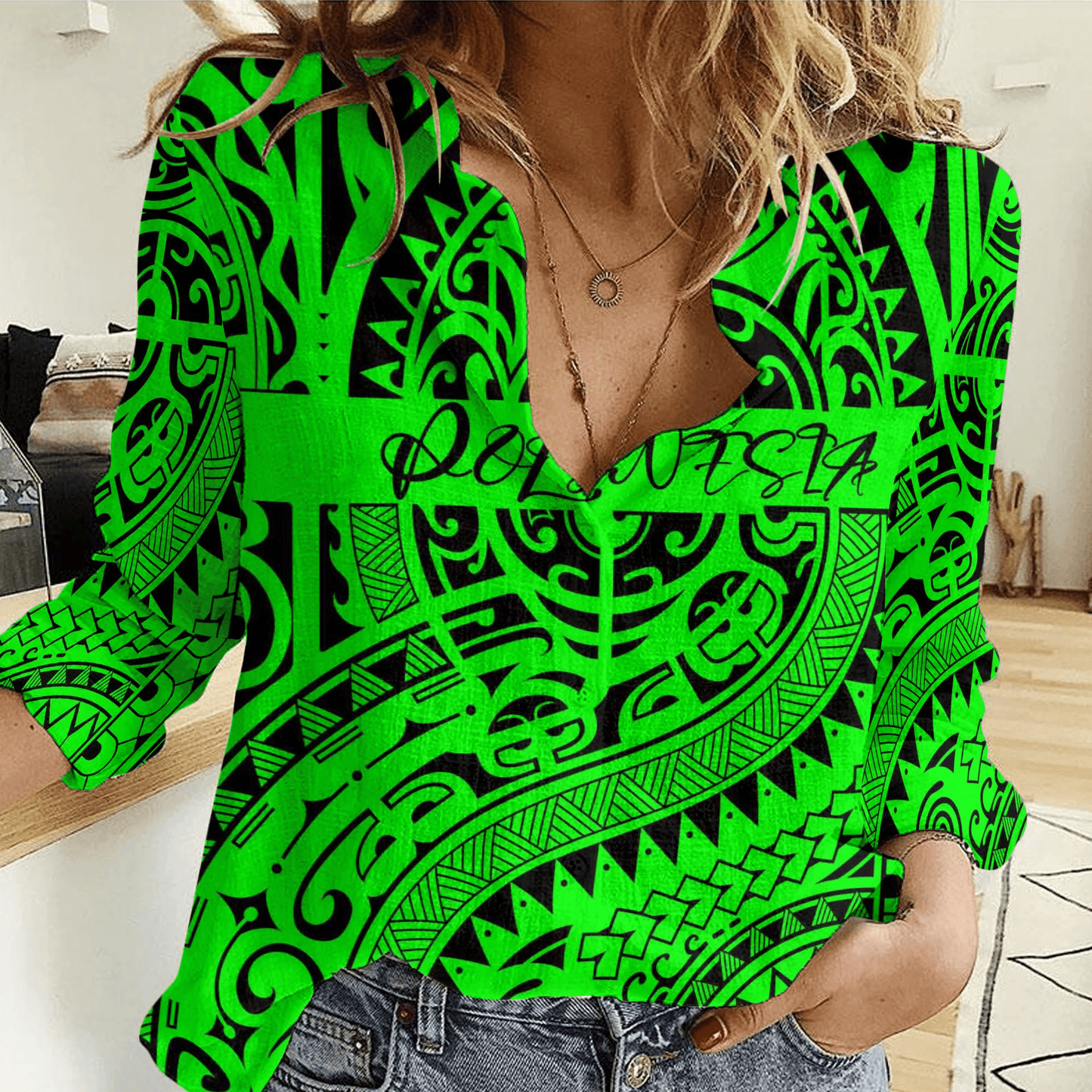 Clothing Custom Polynesian Green Women Casual Shirt