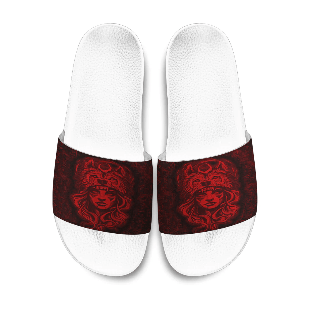 Slide Sandals Valkyries And Wolf Moon Red Viking Slide Sandals