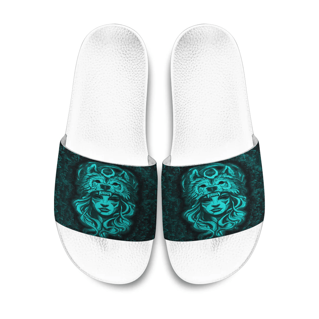 Slide Sandals Valkyries And Wolf Moon Turquoise Viking Slide Sandals