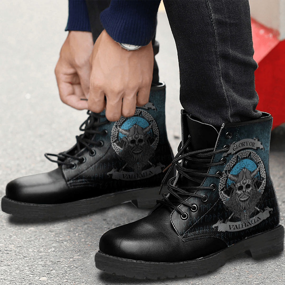 Boots Glory Or Valhalla Viking Skull Leather Boots