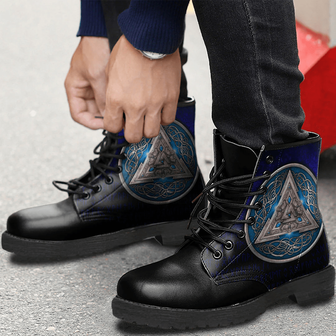 Boots Norse Triskele Valknut Shield In Silver And Blue Leather Boots