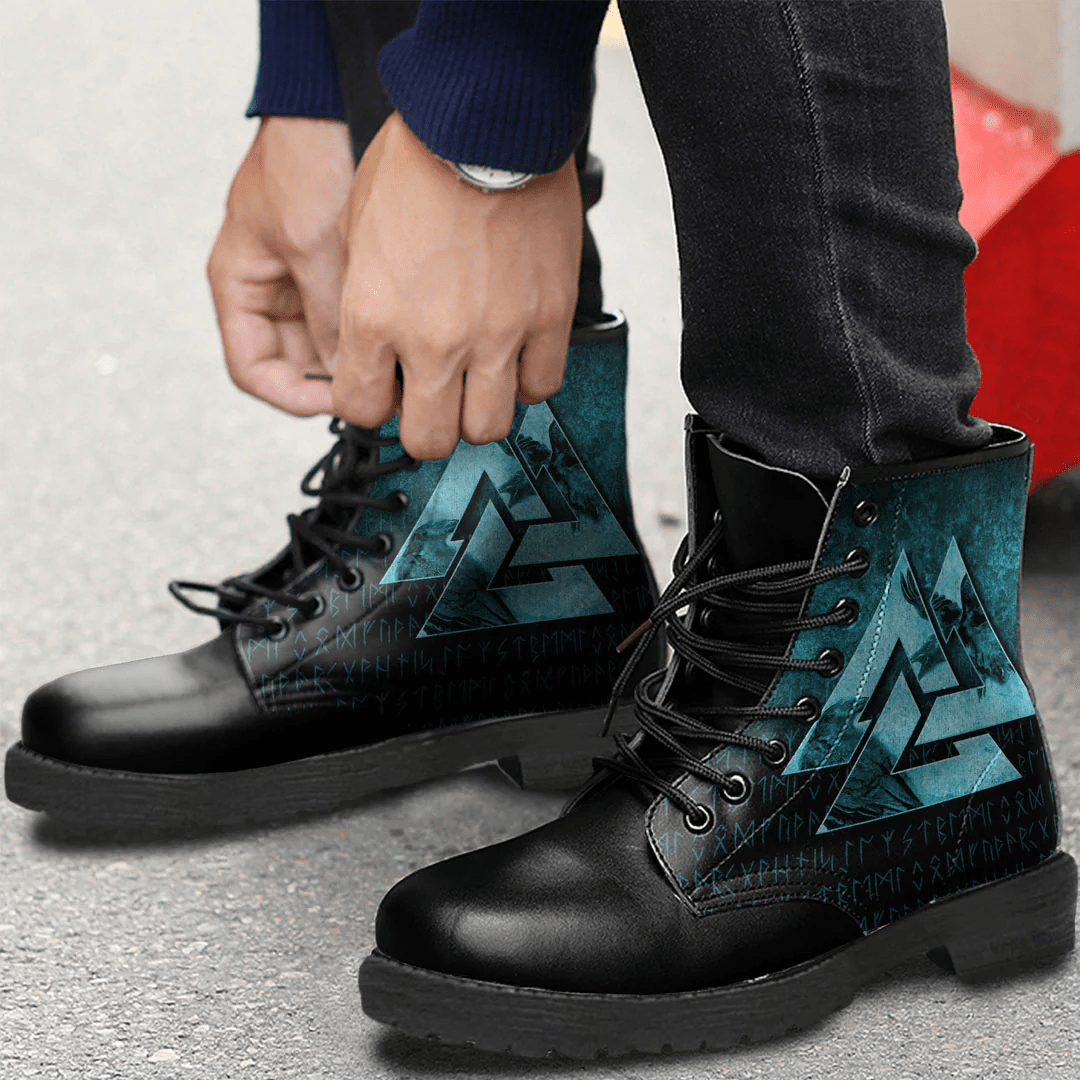Boots Huginn Muninn Ravens From Odin Viking Gold Cyan Leather Boots