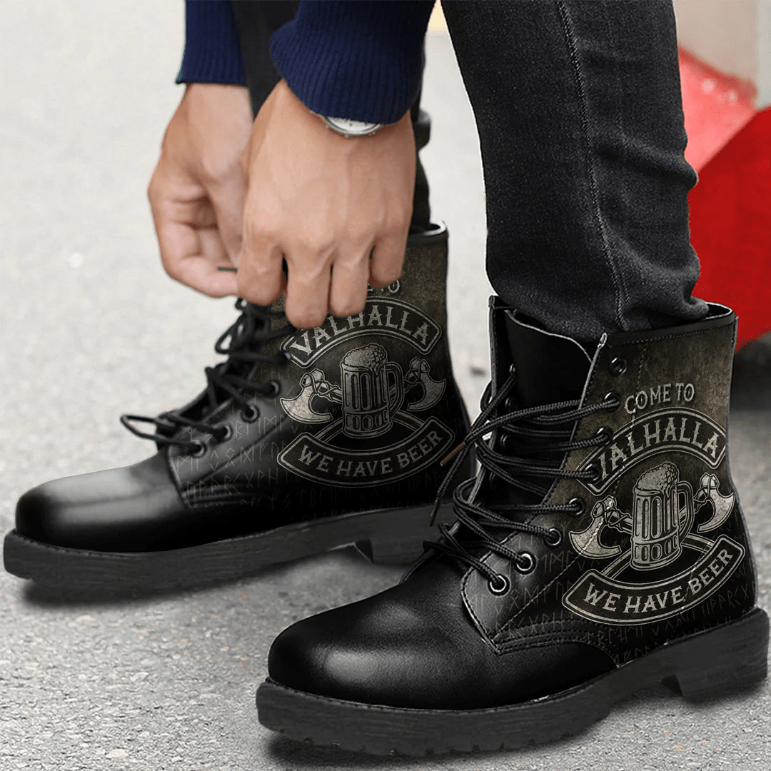 Boots Come To Valhalla We Have Beer Funny Nordic Viking Norse Gift Leather Boots