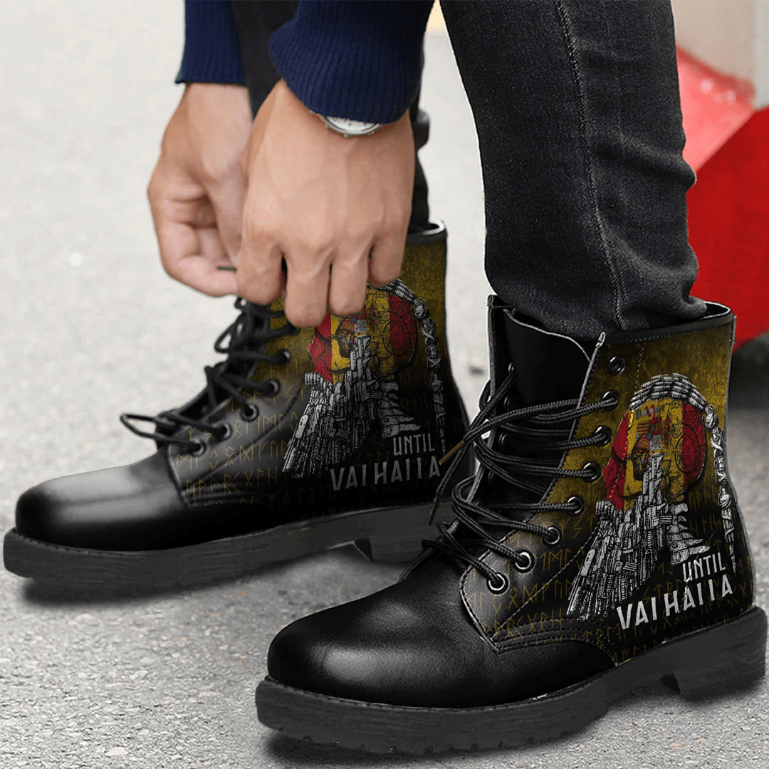 Boots Until Valhalla Viking Skull Spain Flag Leather Boots