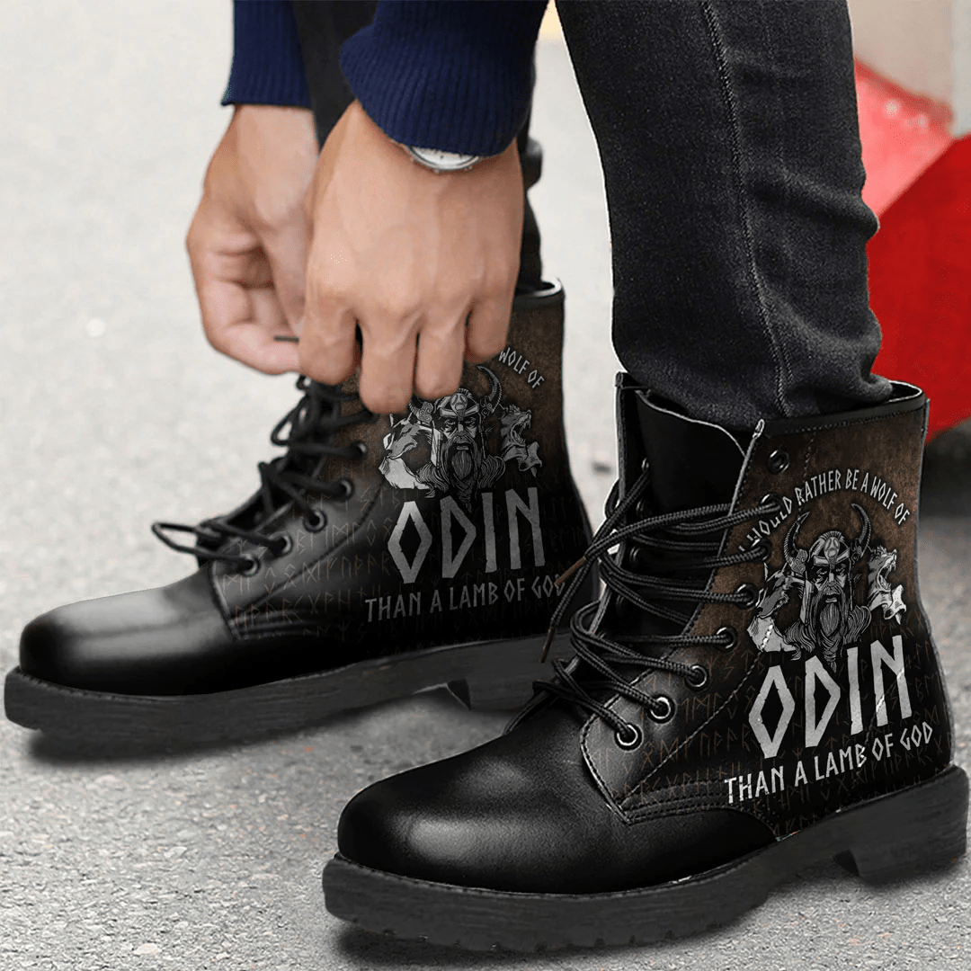 Boots I Would Rather Be A Wolf Of Odin Than A Lamb Of God Leather Boots